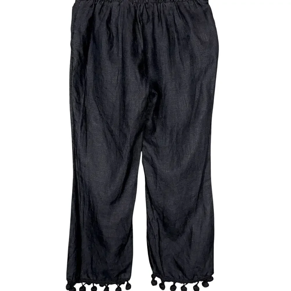 Zara Women's Small 100% Linen Black Straight Leg Cropped Pom Pom Tassel Pants
